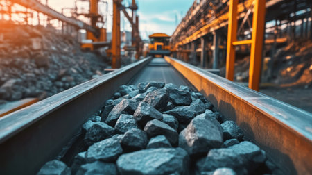 This image captures an industrial scene featuring rocks on a railway track within a mining operation, highlighting the machinery and landscape under a dramatic sky.の素材