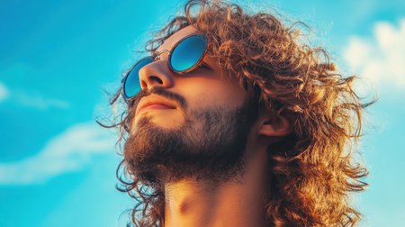 A young man with curly hair and stylish sunglasses gazes towards the blue sky, embodying a sense of freedom and carefree spirit in a vibrant outdoor setting.の素材