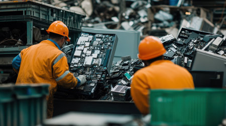 Two workers in orange protective gear sort through piles of electronic waste at a recycling facility, promoting sustainability and environmental responsibility.の素材