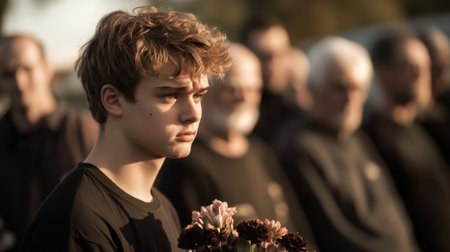 A young boy stands solemnly, holding flowers at a funeral, surrounded by attendees. His expression conveys deep emotions of grief and remembrance during the ceremony.の素材