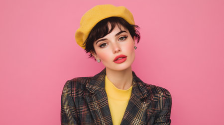 A fashionable young woman poses confidently in a stylish yellow beret and chic outfit against a vibrant pink background, showcasing modern beauty and personality.の素材