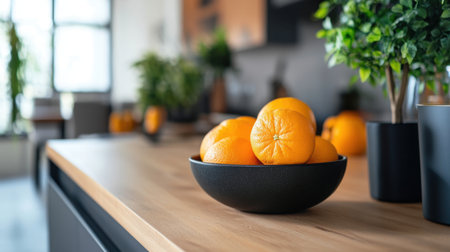 A beautifully styled bowl of fresh oranges sits on a modern kitchen countertop, enhancing the vibrant and healthy atmosphere of the interior space.の素材