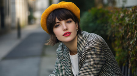 Stylish young woman in a yellow beret poses outdoors, exuding confidence and charm. Surrounded by greenery, she showcases a unique urban fashion sense.の素材