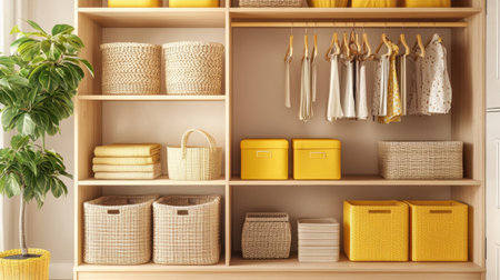 A beautifully organized open shelving unit features woven baskets, yellow accents, and neatly hung clothing. The bright design enhances the simple, modern aesthetic, creating a serene atmosphere.の素材