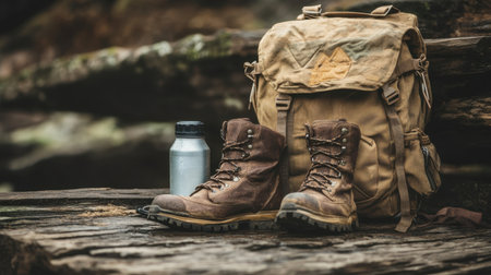 A beautifully arranged scene showcasing rugged hiking boots, a durable backpack, and a water bottle, set against a natural wooden backdrop. Perfect for outdoor enthusiasts.の素材