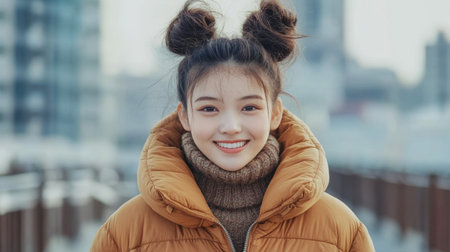 A cheerful young woman smiles confidently while wearing a cozy winter jacket. Her playful hairstyle adds charm to the serene outdoor backdrop.の素材