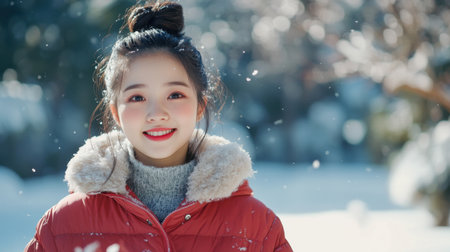A cheerful young woman enjoys a snowy day, wearing a red winter coat, surrounded by a serene landscape. Her bright smile and joyful expression capture the beauty of winter.の素材