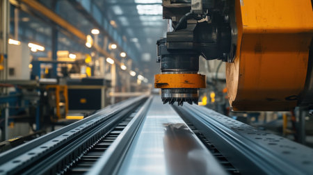 A close-up view of a robotic arm engaged in metal sheet processing within a modern manufacturing facility. This image showcases automation and precision in industrial operations.の素材
