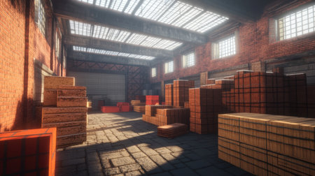 A spacious industrial warehouse interior featuring stacked wooden pallets. Soft sunlight streams through windows, casting interesting shadows on the floor.の素材