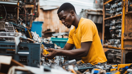 A young man is focused on dismantling electronic components in a recycling yard. He represents the growing industry of sustainable waste disposal and repair.の素材