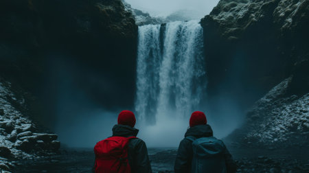 Two hikers in winter gear gaze at a stunning waterfall, surrounded by mist and rocky terrain, capturing the beauty of nature and adventure.の素材
