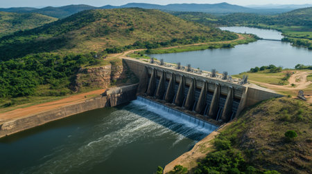 This aerial image showcases a large dam amidst vibrant green hills and a tranquil river. The structure highlights human engineering blending seamlessly with nature, offering a serene landscape.の素材