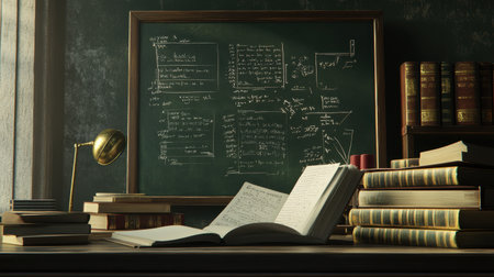 A warm and inviting study space featuring a chalkboard filled with handwritten notes, an open book, and stacked books, perfect for learning and research activities.の素材