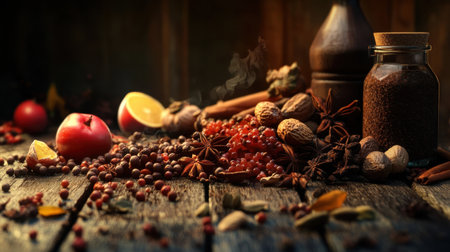This captivating still life image features an array of spices, nuts, and fruits beautifully arranged on a rustic wooden table, evoking warm autumn vibes.の素材