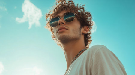 A young man with curly hair and stylish sunglasses poses under a bright blue sky, exuding confidence and a trendy summer vibe amidst a serene outdoor setting.の素材