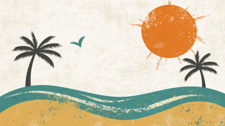 A vibrant illustration featuring a tropical sunset with silhouettes of palm trees, abstract waves, and a distant bird flying. Perfect backdrop for travel themes.の素材