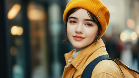 A young woman smiles warmly in a yellow jacket and bright beanie, showcasing fashion and confidence in an urban outdoor setting. Ideal for lifestyle themes.の素材