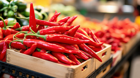 A vibrant display of fresh red chili peppers in a wooden crate at a market stall. The colorful peppers showcase their rich texture and freshness, ideal for culinary use.の素材