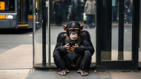 A chimpanzee casually sits at a bus stop, engrossed in using a smartphone. The scene humorously captures the intersection of wildlife and urban life, showcasing curiosity and modern technology.の素材