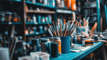 A lively art studio scene featuring a collection of paintbrushes in a jar surrounded by vibrant paint jars on a wooden table, showcasing creative energy.の素材