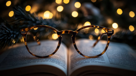A beautiful pair of stylish glasses rests on an open book. Soft bokeh lights create a cozy atmosphere, perfect for reading. Ideal for capturing a warm and inviting vibe.の素材