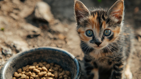 A charming calico kitten with striking blue eyes gazes curiously at a food bowl filled with kibble, basking in the warm sunlight outdoors.の素材