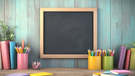 A vibrant and organized workspace features an empty chalkboard surrounded by colorful stationery and neatly arranged books, ideal for an educational setting.の素材
