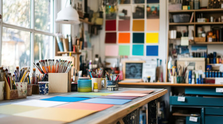A vibrant artistic workspace filled with colorful materials and tools, designed to inspire creativity. The arrangement includes paint, brushes, and papers, creating a stimulating environment for artists.の素材
