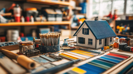A vibrant workspace filled with crafting materials and tools, featuring a model house, brushes, paints, and colored strips, inspiring creativity and DIY projects.の素材