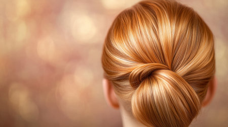 A stunning closeup of an elegantly styled red hair bun showcasing a smooth and glossy texture against a softly blurred background, embodying beauty and elegance.の素材