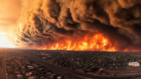 A stunning yet alarming view of a wildfire engulfing the horizon, showcasing vibrant flames and thick smoke rolling through the sky, threatening nearby areas.の素材