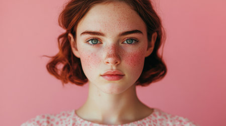 This portrait showcases a young woman with striking freckles, capturing her beauty and emotional expression against a soft pink background for a vivid aesthetic.の素材