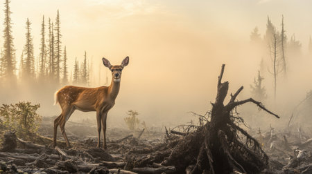 A young deer stands gracefully in a misty forest at sunrise, surrounded by serene nature. The soft fog adds a mystical touch to the tranquil scene.の素材