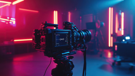 A professional camera positioned in a creative studio space illuminated by vibrant neon lights, ideal for modern filmmaking and artistic video production.の素材