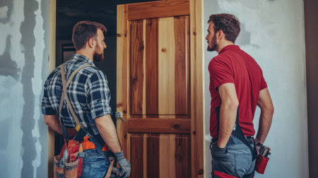 Two male workers engage in a focused conversation while discussing the installation of a wooden door in a home renovation project, highlighting teamwork.の素材