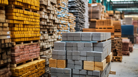 An organized warehouse filled with colorful wooden planks and concrete blocks on pallets, showcasing various textures and materials for construction projects.の素材