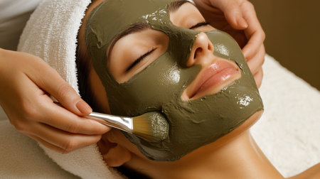 A soothing spa scene featuring a woman receiving a facial treatment with a green clay mask. Relaxation and skin rejuvenation are highlighted in this serene moment.の素材