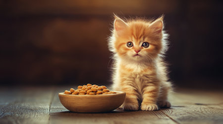 A cute fluffy orange kitten sits beside a bowl filled with dry cat food, displaying adorable curious eyes. The warm light enhances the cozy atmosphere.の素材