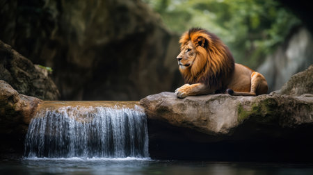 A majestic lion rests peacefully by a serene waterfall, showcasing the beauty of wildlife in its natural habitat. The lush surroundings enhance the tranquility of this moment.の素材
