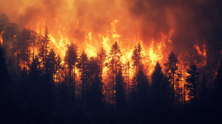 Captivating yet alarming image of a wildfire engulfing a densely forested area, showcasing the fierce flames and smoke that threaten the environment.の素材