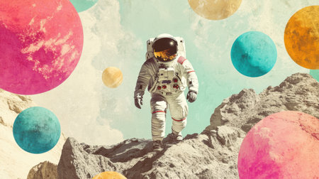 An astronaut navigates a surreal landscape filled with vibrant planets, showcasing an imaginative exploration of space. Perfect for creative projects and themes.の素材