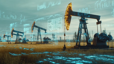 This image portrays futuristic oil pump jacks set in a vast field, overlaid with digital data graphics. It symbolizes the intersection of agriculture and energy technology.の素材