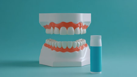A colorful dental model showcasing teeth alongside a mouth hygiene product. Ideal for health, dental care, and educational illustrations.の素材