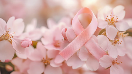 A delicate pink ribbon rests among soft cherry blossom petals, symbolizing hope and support for those affected by breast cancer. Perfect for awareness campaigns.の素材