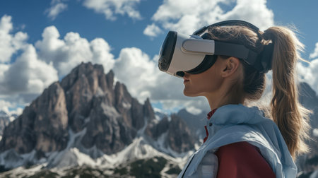 A young woman enjoys a virtual reality experience against a stunning mountain backdrop. The scene captures the interplay of technology and serene nature, showcasing adventure.の素材