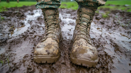 A close-up view of soldier boots covered in mud, highlighting the rugged nature of military footwear. The image captures the toughness and endurance required in challenging outdoor environments.の素材