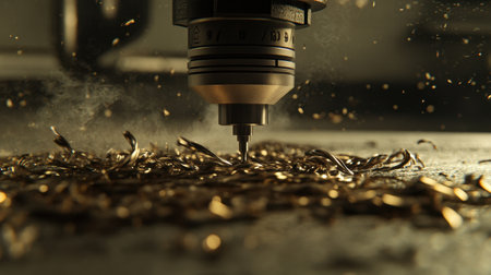 Detailed view of a machining process showcasing metal shavings generated during cutting. The image highlights the precision and technology involved in modern manufacturing.の素材