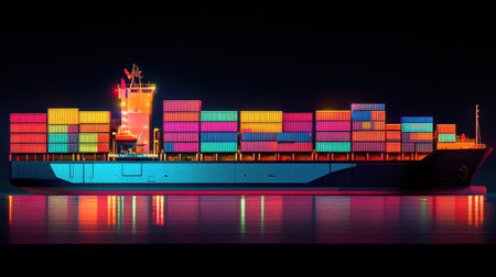 A vibrant container ship glows brightly at night, reflecting colorful lights on calm water. This image captures the essence of modern maritime trade and logistics.の素材