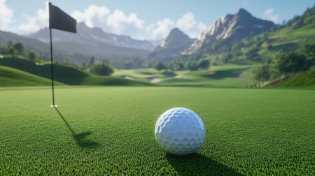 A close-up view of a golf ball resting on a lush green with a flag in the background, surrounded by serene mountains under a clear sky, ideal for outdoor sports enthusiasts.の素材