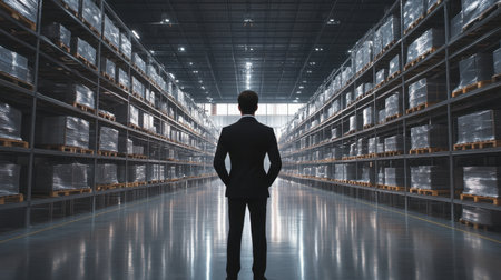 A businessman stands thoughtfully in a large warehouse filled with stacks of goods. This scene emphasizes inventory management, logistics, and professional determination in a corporate environment.の素材